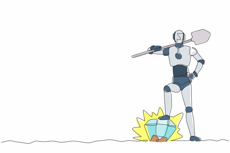 Vector un robot de dibujo de línea continua excava el suelo con una pala que encuentra una ilustración vectorial de diamantes