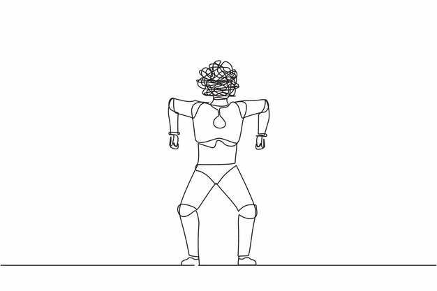 Un robot de dibujo de línea continua con garabates redondos en lugar de una cabeza robot emocional en rabia