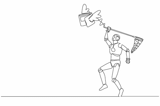 Un robot de dibujo de línea continua intenta atrapar una billetera voladora con una red de mariposas perdiendo dinero