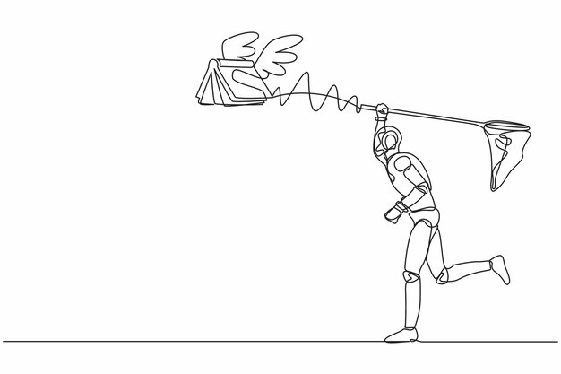 Un robot de dibujo de línea continua intenta atrapar un libro volador con una red de mariposas Vector de educación