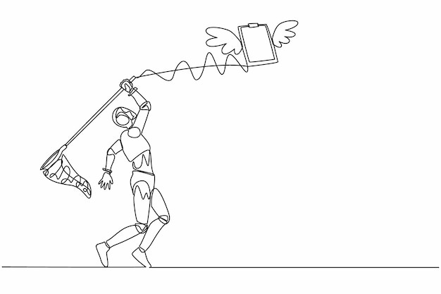 Un robot de dibujo de línea continua intenta atrapar el portapapeles volador con el vector de diseño de mariposa