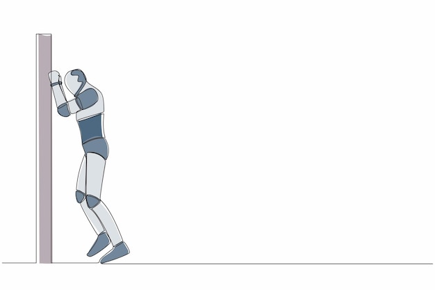 Un robot de dibujo de línea continua llorando triste oportunidad perdida deprimido con llantos en la pared