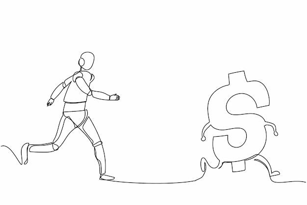 Un robot de dibujo de línea continua persiguiendo el símbolo del dólar Inversión en desarrollo tecnológico