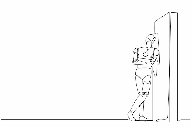 Un robot de dibujo de línea continua de pie y apoyado contra la pared pensando en algo