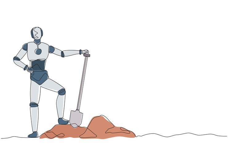 Vector un robot de dibujo de línea continua de pie cerca de la excavación de agujeros después del trabajo inteligencia artificial