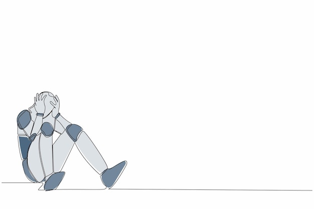 Un robot de dibujo de línea continua que se siente triste y deprimido sosteniendo la cabeza y sentado en el suelo