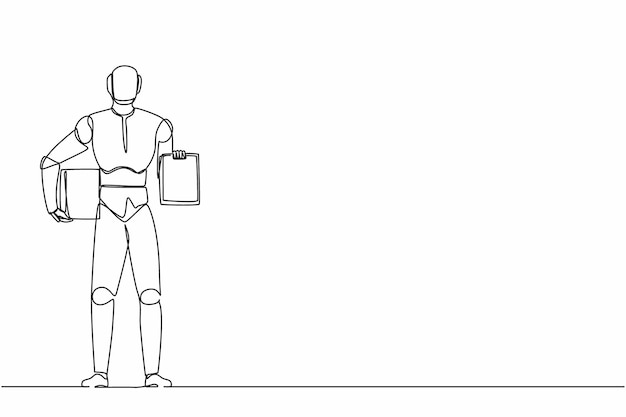 Un robot de dibujo de línea continua que sostiene cajas y portapapeles con documentos de diseño vectorial