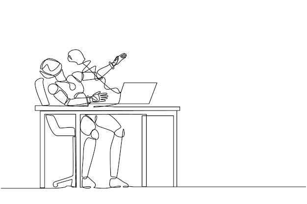 Un robot de dibujo de línea continua siendo golpeado por guantes de boxeo de la computadora portátil Ciberbullying