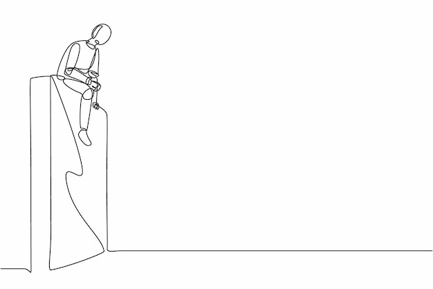 Un robot de dibujo de línea continua triste sentado en la pared pensando ilustración de crisis de ganancias y pérdidas