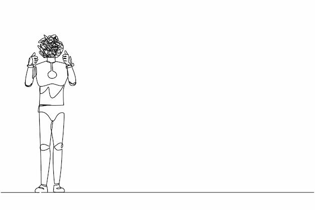 Robot de dibujo de línea continua única con garabates redondos en lugar de una cabeza Robot confuso de pie