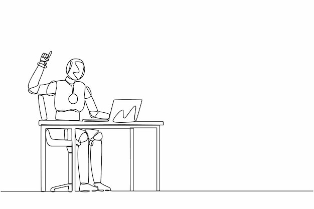 El robot de dibujo de línea continua única obtiene nuevas ideas brillantes mientras trabaja con la computadora portátil en el escritorio