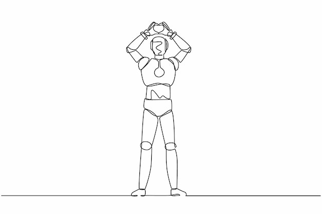 Robot de dibujo de línea continua única que hace o hace gestos con el símbolo del corazón con los dedos sobre la cabeza