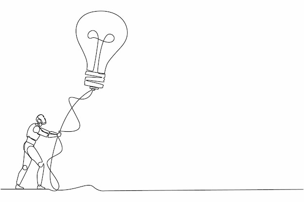 Robot de dibujo de línea continua única que sostiene un globo de bombilla volador con vector de diseño de cuerda