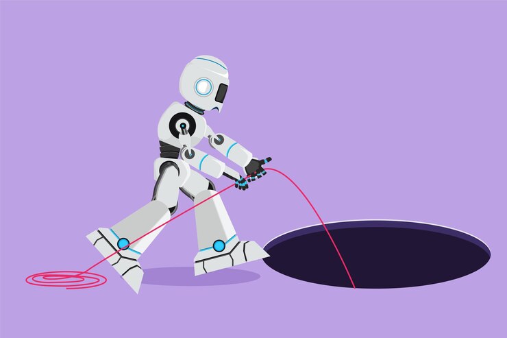 Vector robot de dibujo plano de carácter estirar la cuerda en el agujero desafío de exploración de oportunidad de negocio tecnológico robot humanoide organismo cibernético desarrollo robótico diseño de dibujos animados ilustración vectorial