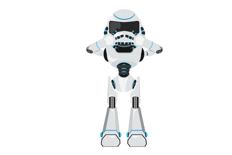 Vector robot de dibujo plano de negocios que cubre la boca con las manos expresión de miedo asustado en silencio organismo cibernético robot humanoide secreto desarrollo robótico futuro ilustración de vector de diseño de dibujos animados
