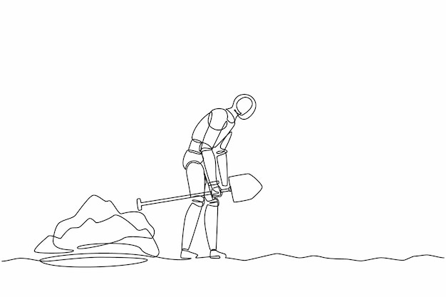 Robot de dibujo de una sola línea caminando inestable dejando agujero excavado arrastrando pala Tecnología futura