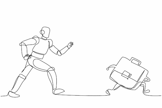 Robot de dibujo de una sola línea corriendo persiguiendo maletín Industria de fábricas de cuero Tecnología del futuro