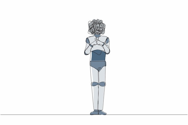 Robot de dibujo de una sola línea con garabates redondos en lugar de la cabeza de pie con los dedos cruzados