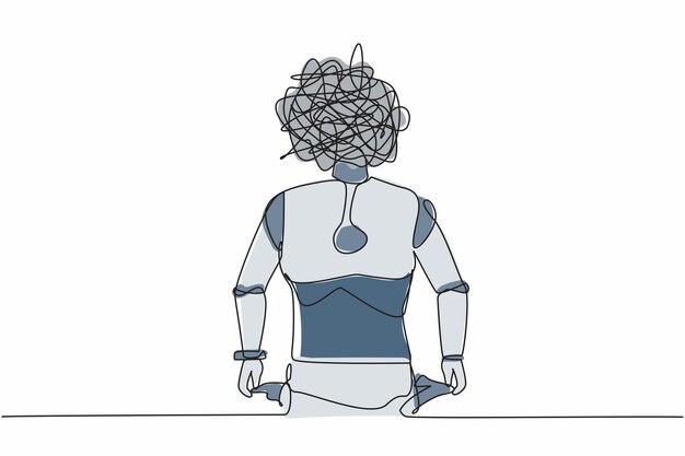 Robot de dibujo de una sola línea con garabates redondos en lugar de cabeza Robot con el bolsillo vuelto hacia afuera