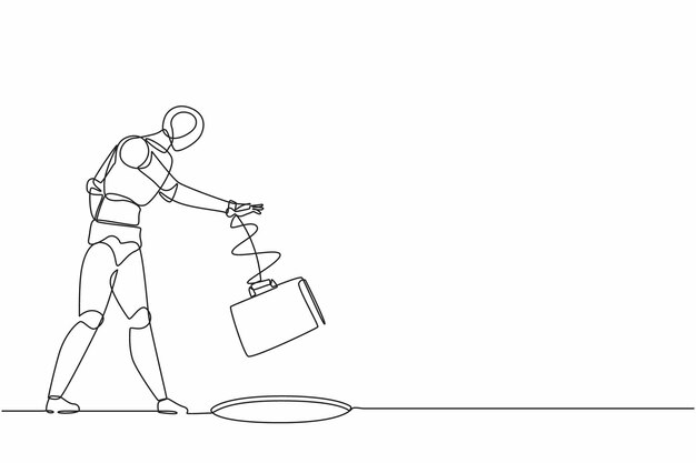 Un robot de dibujo de una sola línea lanza un maletín a un agujero Diseño de desarrollo tecnológico futuro