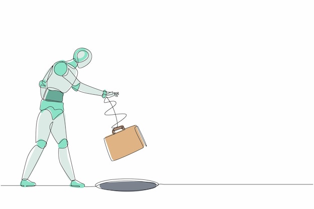 Un robot de dibujo de una sola línea lanza un maletín a un agujero Diseño de desarrollo tecnológico futuro