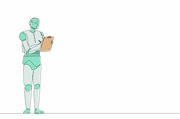 Robot de dibujo de una sola línea de pie y escribiendo en el clipboard Desarrollo tecnológico futuro