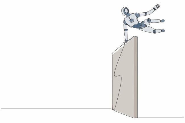 Un robot de dibujo de una sola línea salta por encima de la pared fuera de la zona de confort Ilustración de tecnología futura
