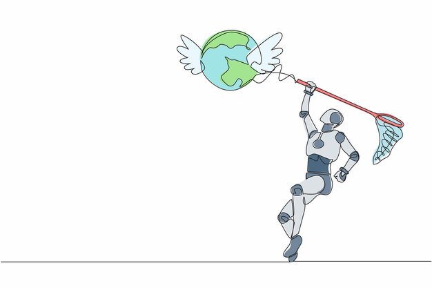 Un robot de dibujo de una sola línea trata de atrapar un globo volador con una red de mariposas Viajes de negocios