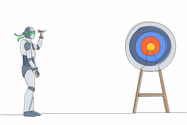 Robot de dibujo de una sola línea con venda para los ojos y dardos que golpean el objetivo Desarrollo tecnológico futuro