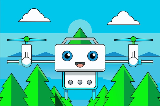 un robot de dibujos animados está de pie en una fila de árboles