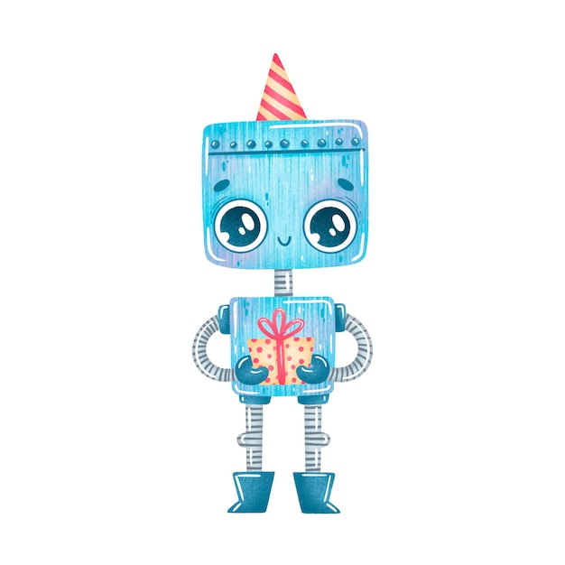 Robot de dibujos animados lindo cumpleaños fiesta azul aislado