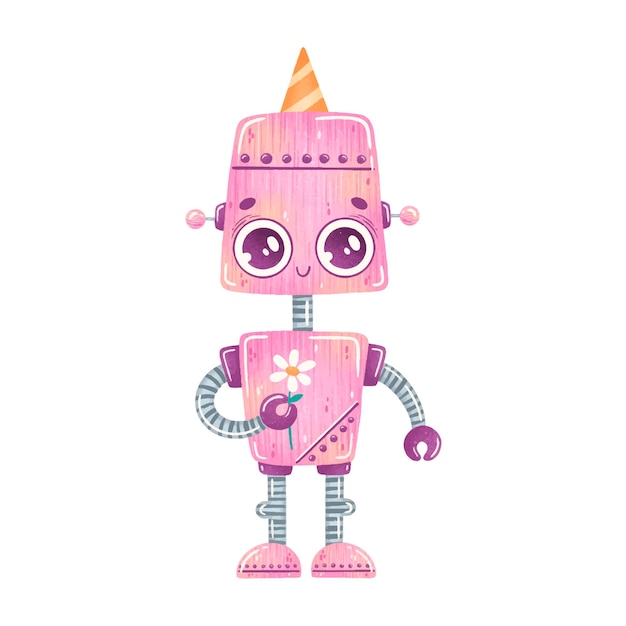 Robot de dibujos animados lindo cumpleaños fiesta rosa aislado