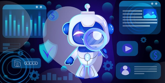 Un robot de dibujos animados con una lupa rodeado de elementos de interfaz futuristas en un fondo de datos digitales que ilustra el concepto de ciberseguridad Ilustración vectorial
