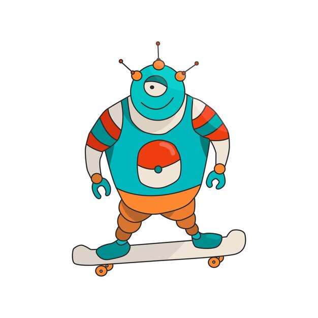 Un robot de dibujos animados con tres antenas en la cabeza monta una patineta. Imagen vectorial aislada.