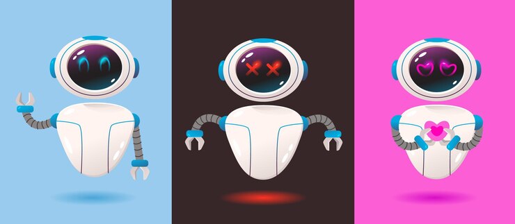 Vector un robot con diferentes emociones divertido asistente tecnológico en línea bot o ayudante