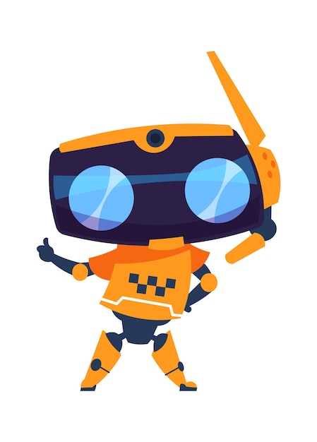 Robot divertido Máquina de dibujos animados con cuerpo de cabeza y extremidades Tecnologías de automatización de mascotas amigables Juguete de color naranja con símbolo de taxi impreso Asistente personal web ilustración vectorial