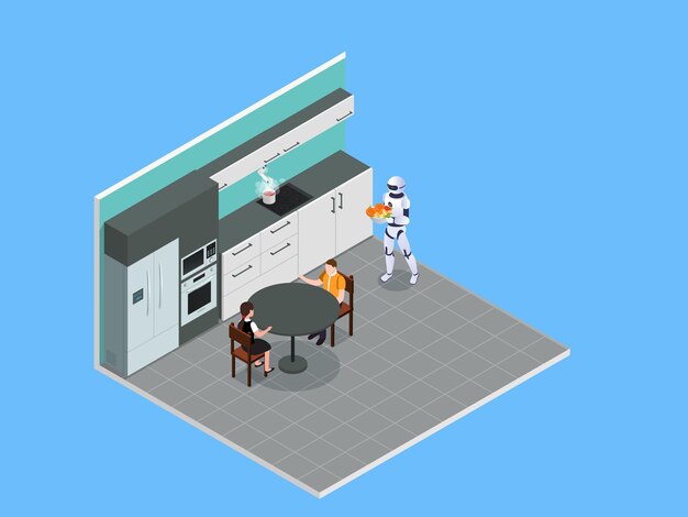 Un robot doméstico ayuda a cocinar en la cocina