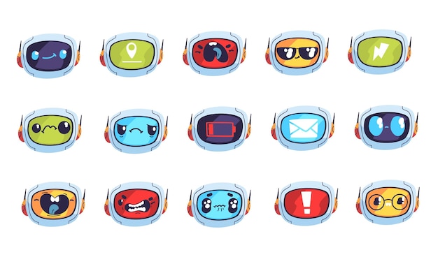 Robot emoji Robots avatar expresión bot risa cara sonrisa emoción ojos de computadora chatbot emocional lindo personaje feliz futurista juego de droides gracioso ilustración vectorial de clase