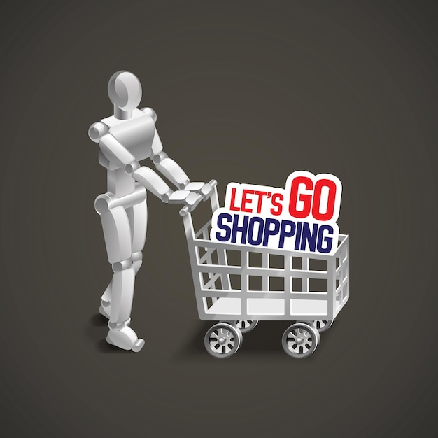 Un robot empujando un carrito de la compra con un cartel que dice vamos de compras.
