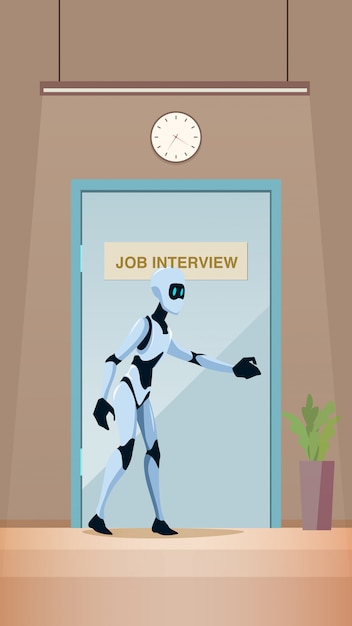 Robot en entrevista de trabajo entra a la puerta en la oficina