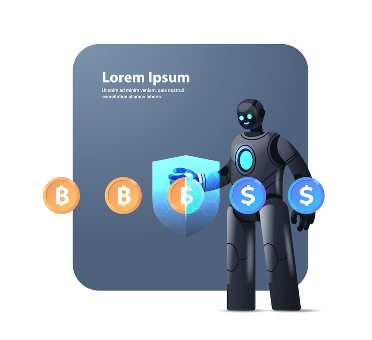 Vector robot con escudo de protección cambiar dólar con bitcoin moneda criptográfica dinero electrónico ahorro financiero seguro inteligencia artificial