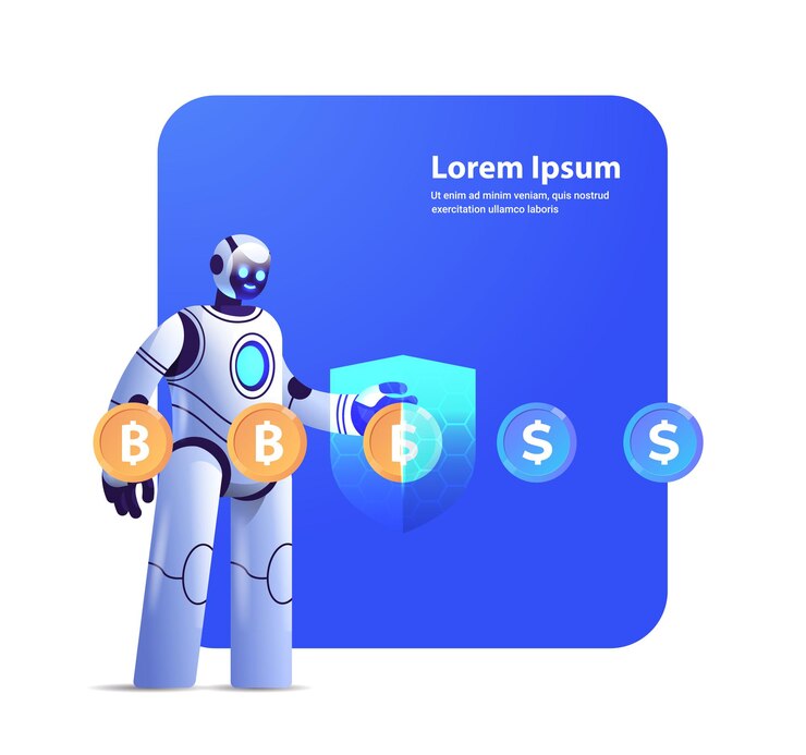 Vector robot con escudo de protección cambiar dólar con bitcoin moneda criptográfica dinero electrónico ahorro financiero seguro inteligencia artificial