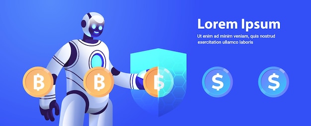 Robot con escudo de protección cambiar dólar con bitcoin moneda criptográfica dinero electrónico ahorro financiero seguro inteligencia artificial