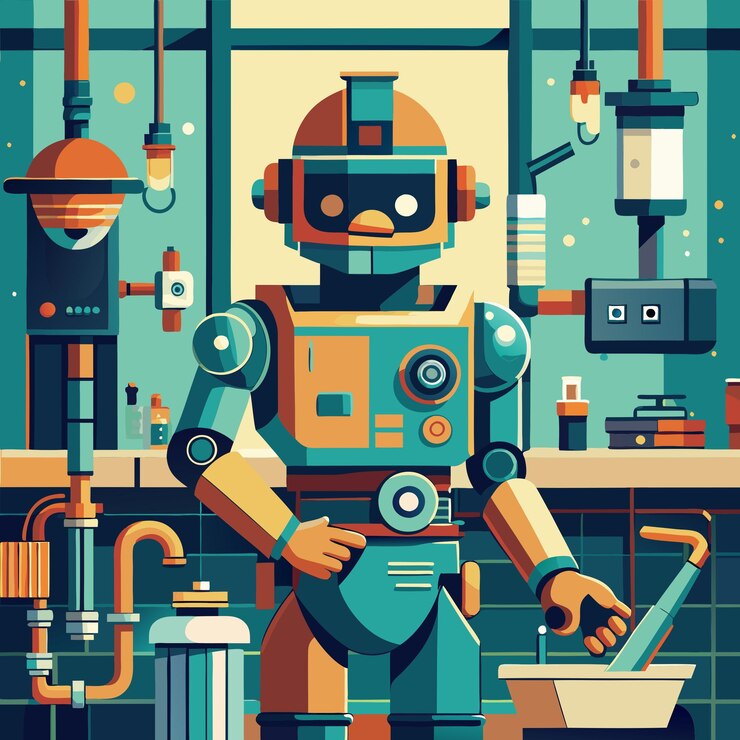 Vector un robot con un esquema de colores azul y naranja trabaja en un laboratorio