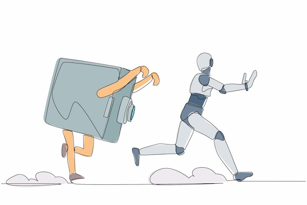 Un robot de estrés de dibujo continuo siendo perseguido por una caja fuerte sistema de seguridad financiera