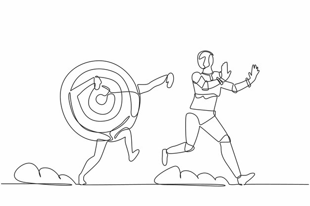 Un robot estresado de dibujo continuo de una línea siendo perseguido por un vector de diseño de objetivo de tiro con arco