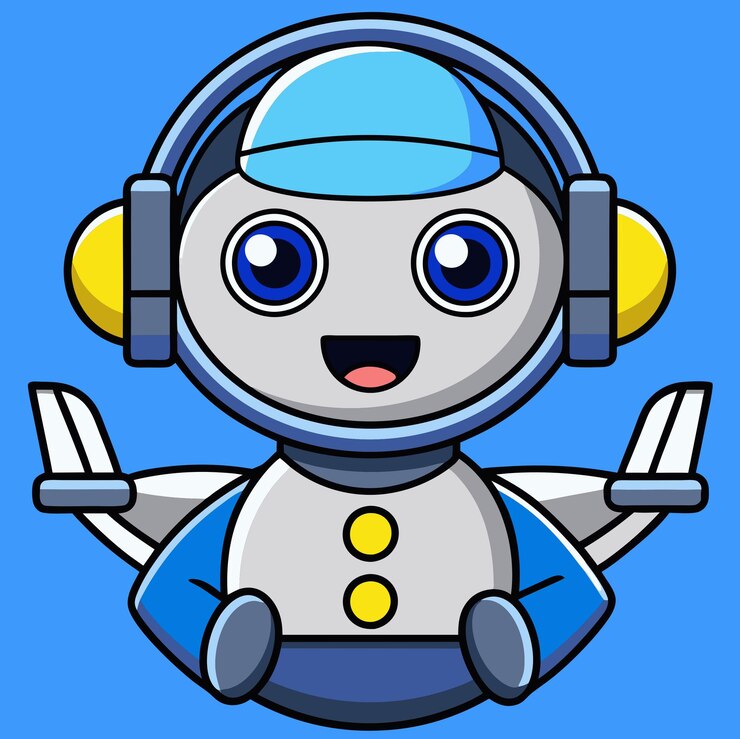 Vector un robot feliz con auriculares y alas listo para volar