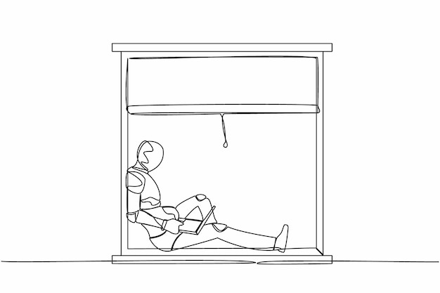Un robot freelance de dibujo continuo sentado en un alpendre de la ventana trabajando usando una computadora portátil