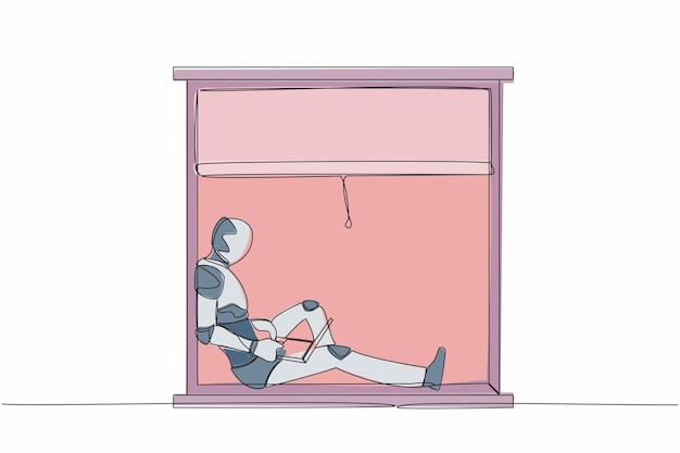 Un robot freelance de dibujo continuo sentado en un alpendre de la ventana trabajando usando una computadora portátil