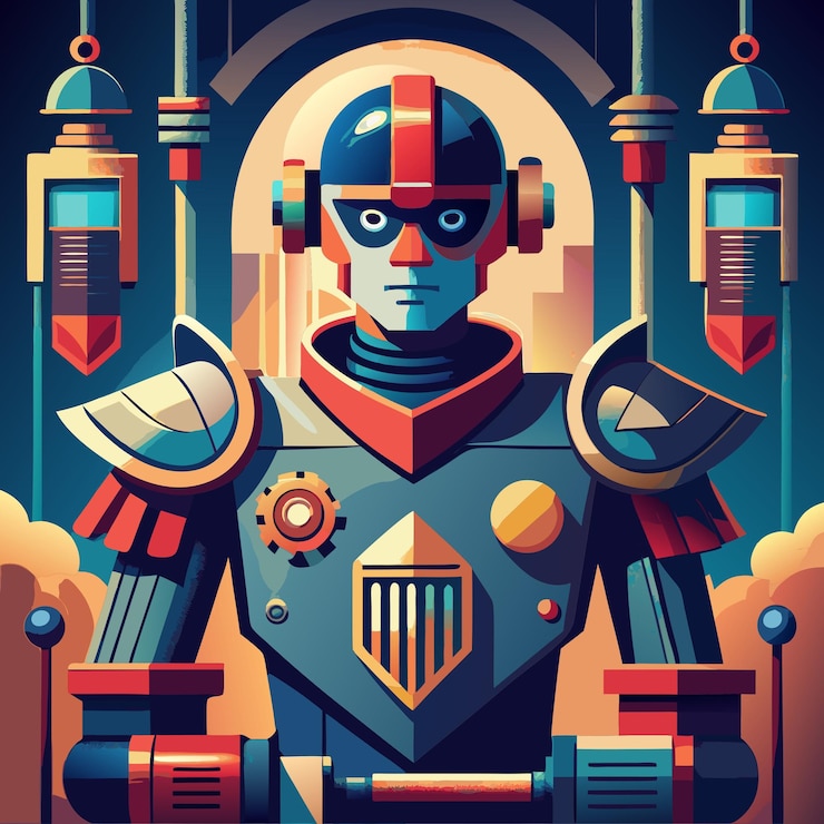 Vector un robot futurista se alza en un paisaje urbano geométrico abstracto